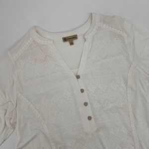 Democracy White Lace Trimmed Embroidered V Neck 3/4 Sleeve Top Womens Large
